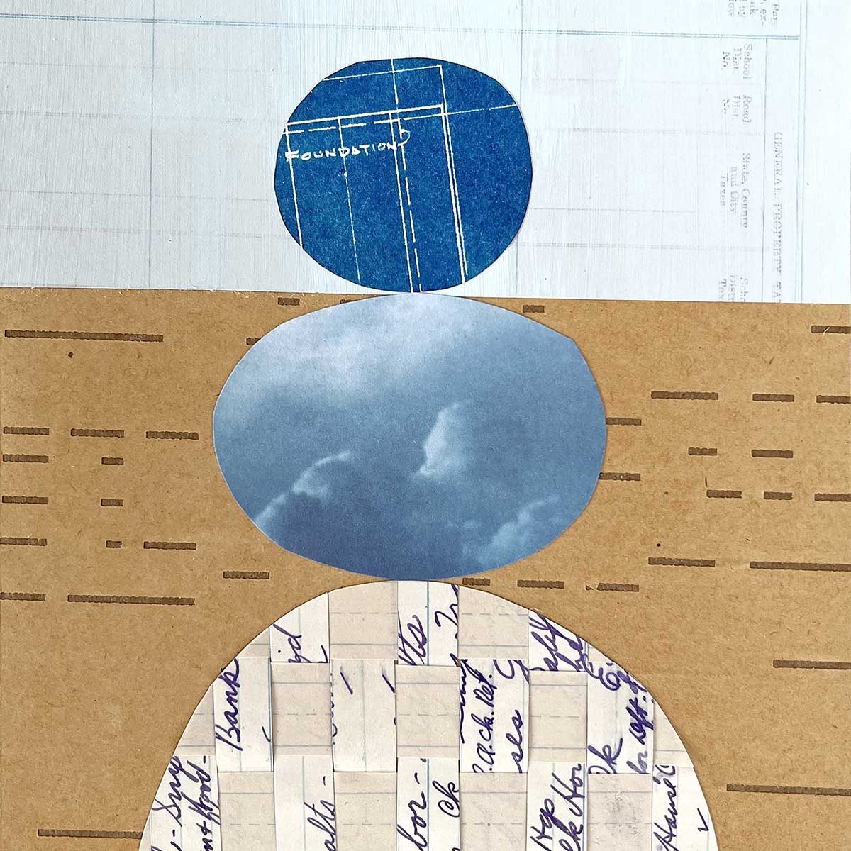 an abstract collage with a cloudscape